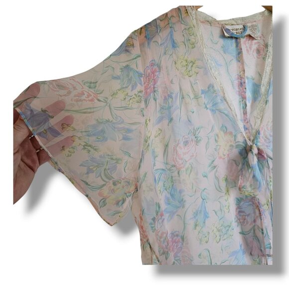 Vintage Victoria's Secret Gold Label Top Robe Size P XS Sheer Floral Pink Lace - Picture 6 of 9